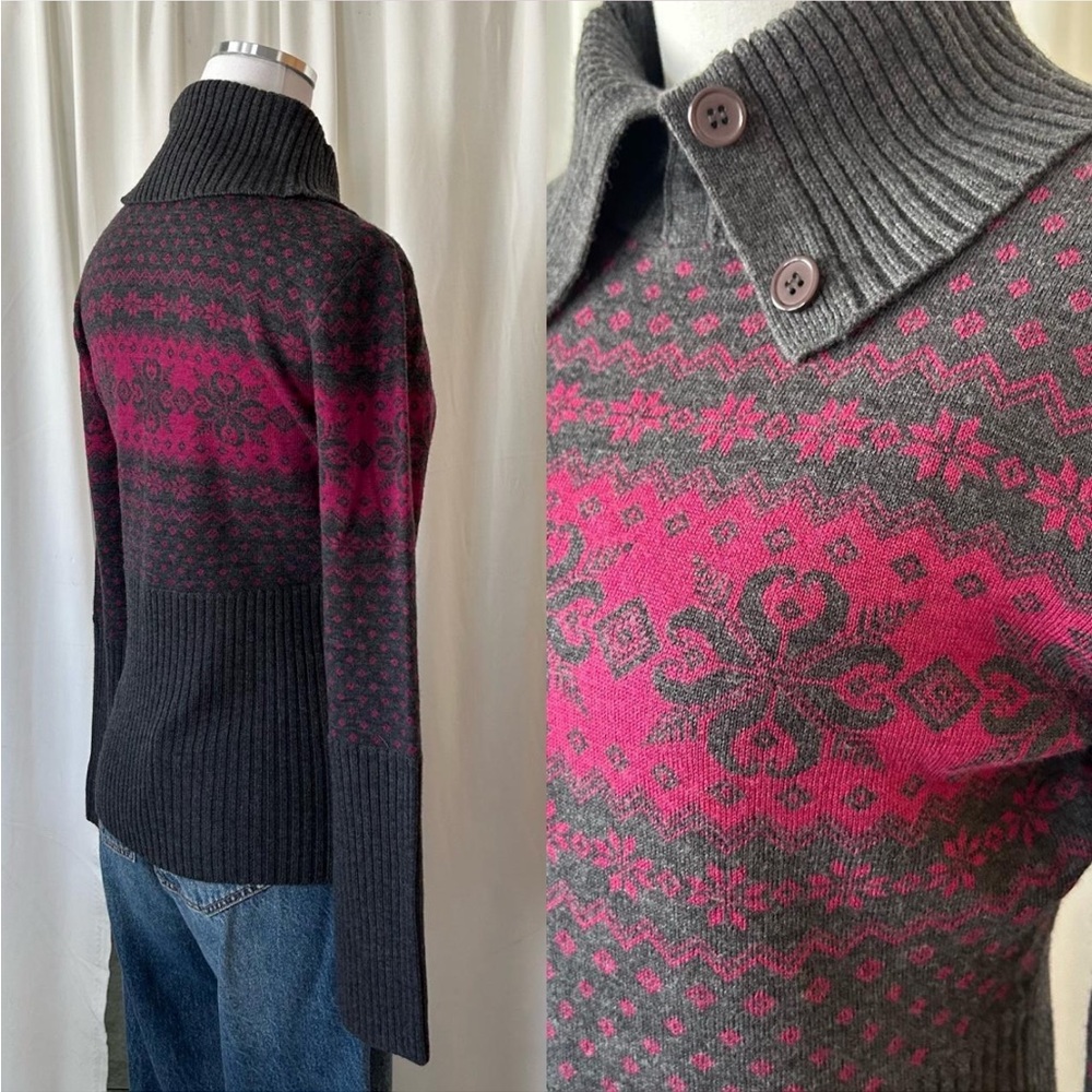 Fair Isle Krimson Klover wool ski sweater folded collar with buttons medium. - Picture 8 of 8